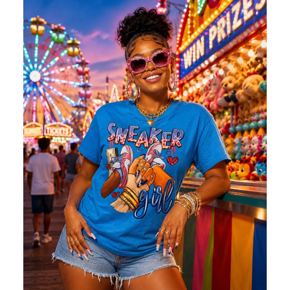Gildan Sneaker Girl Graphic Tee Blue Heavy Cotton Crewneck T-Shirt XL